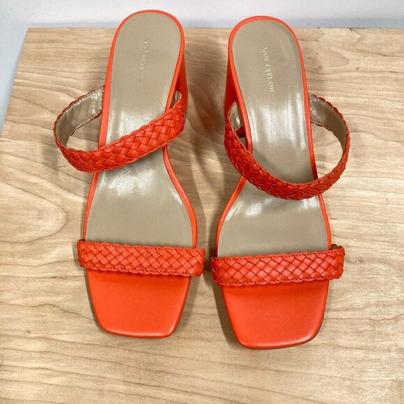 Ann Taylor Peyton Sandals, Size 10 M, Orange Woven Braided Strappy Block Heel - Picture 2 of 7